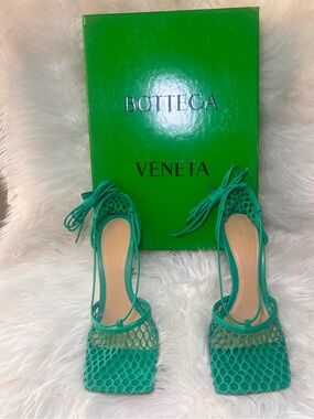 Bottega Veneta Teal Green Lace-Up Mesh Heels